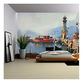 Fishing Boat in Harbor at Morning,Watercolor Painting Style - Removable Wall Mural | Self-Adhesive Large Wallpaper - 66x96 inches