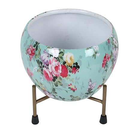 Kraft Seeds Presents Compact 5 Inch Metal Stylish Printed Planter with Tripod Metal Stand for Home and Garden Use.