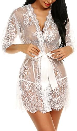 Avrilove Women's Kimono Eyelash Lace Robe Babydoll Lingerie Mesh Chemise Nightdress Nightgown