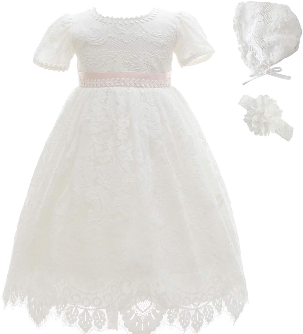 AHAHABaby Girl Long Christening Dress Special Occasions Christening Festive Dress with Hat and Headband