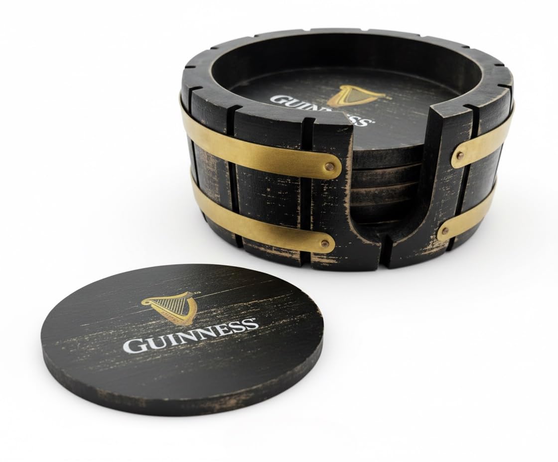 Guinness Coaster Set with Holder - 4 Pack, Beer Barrel Wood Design, Perfect for Home Bars and Parties Compatible