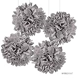 Andaz Press Large Tissue Paper Pom Poms Hanging Decorations, Gray, 14-inch, 4-Pack, Boy Elephant Baby Shower 1st Birthday Nursery Decorations