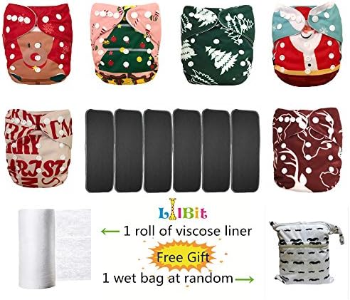 LilBit 6 Pcs Christmas Digital Print Reusable Baby Cloth Diapers + 6pcs Bamboo Charcoal Inserts(Christmas01)