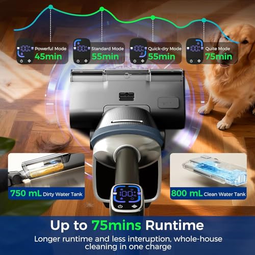 Wet Dry Vacuum Cleaner, 45kPa Vacuum Mop All in One, Mop Vacuum Cleaner for Hard Floor Cordless Vacuum Mop Combo with Self-Cleaning,75 Mins Runtime, Anti-Tangle, LED Light,180° Lay-Flat,Self Propelled