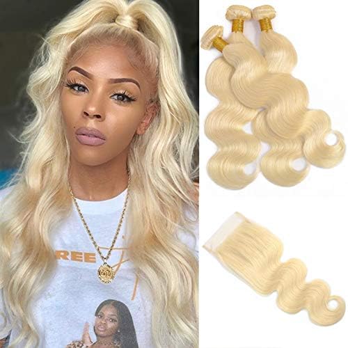 JGMI 613 Platinum Blonde Bundles with Closure Brazilian Body Wave Curly Human Hair Bundles with 4x4 Lace Closure Free Part (16"18"20"+14"closure)