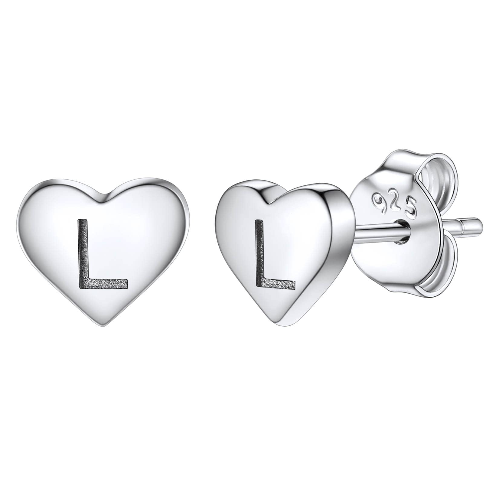 Studs Earrings for Women, S925 Sterling Silver Heart Initial Letter L Small Tiny Earrings for Girls Ladies Mum Daughter Sisters Friends Lover Hypoallergenic Silver Jewellery with Gift Box
