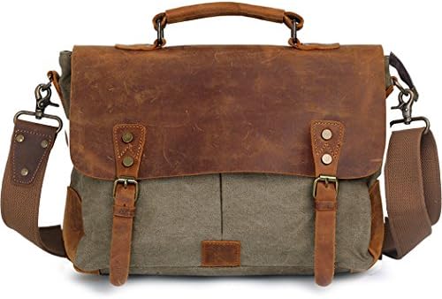 Men Messenger Bag in Crazy Horse Leather and Waxed Canvas Crossbody Bag for Men Laptop Shoulder Bags Leather Satchel, Vintage Army Green