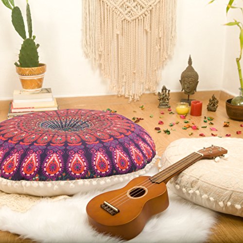 Mandala Life ART Bohemian Yoga Decor Floor Cushion Cover - 30 inches - Round Floor Pillow Pouf Cover - Hand Printed Organic Cotton by Colorful Pink - Thumbnail 4