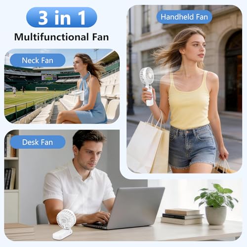 Handheld Fan, Portable Mini Fan with 4500 mAh Battery, Rechargeable, 5 Levels and Long 20 Hours, LED Display, Quiet and Powerful, 3-in-1 Hand/Desk/Neck Fan for Indoor and Outdoor Use