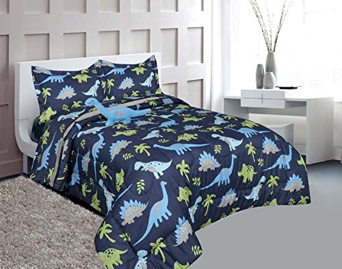 MB Home Collection Full Size 8 pieces Printed Blue Lime green Design Comforter, Sheet Set with 1 Pillow Cushion Toy # Full Size 8 Pcs Comforter Dinosaur Blue