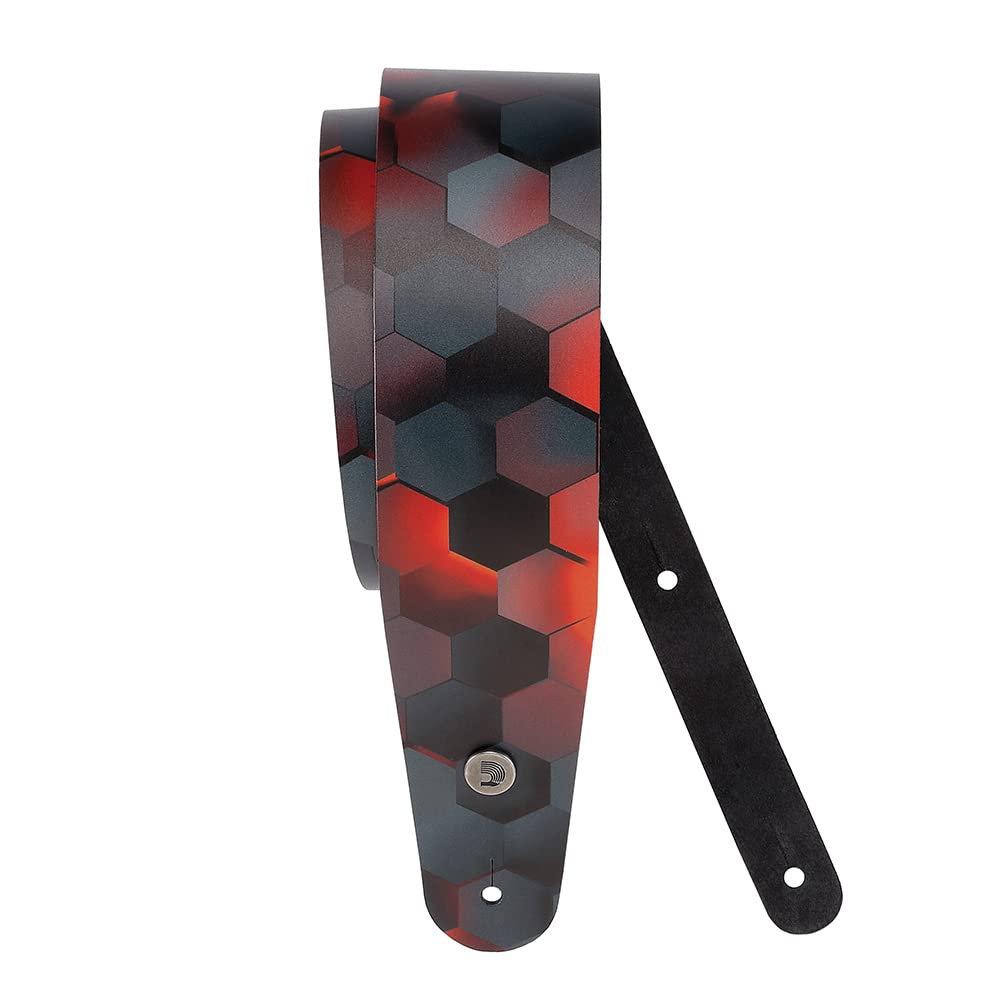 D'Addario Accessories Guitar Strap - Printed Leather Guitar Strap, Red Hex