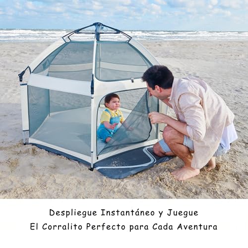 Toketa corral para bebe plegable，Parque Infantil Interior y Exterior con Malla Transpirable，Con estacas de suelo y toldo