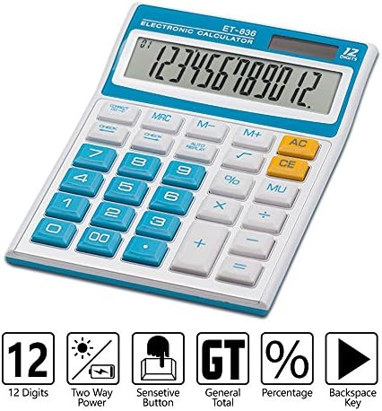 Financial Calculator, Ebristar Standard Function Desktop Calculator, Solar Battery Dual Power Office Calculator with 12-Digit Large LCD Display and Large Buttons - Blue