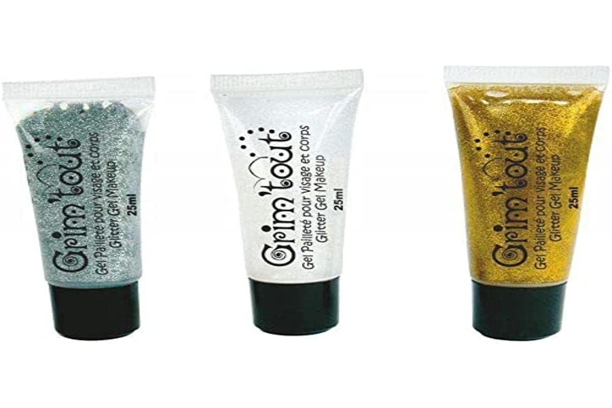 GRIM'TOUT GT41523 Pack of 3 Glitter Gel Tubes 25 ml, (Gold-Silver-Crystal)