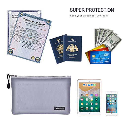 JUNDUN Fireproof Document Bags,13.4"x 9.4"Waterproof and Fireproof Money Bag,Fireproof Safe Storage Pouch with Zipper for Documents,Cash and Passport (Silver, Large)