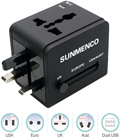 SUNMENCO All-in-One Worldwide Travel Plug Adapter International AC Power Adapter Safety Wall Charger & Converter (US/JP UK EU AU/CN) w/ 2 USB Charging Ports for iPhone 8 7 7s Laptops (Black)