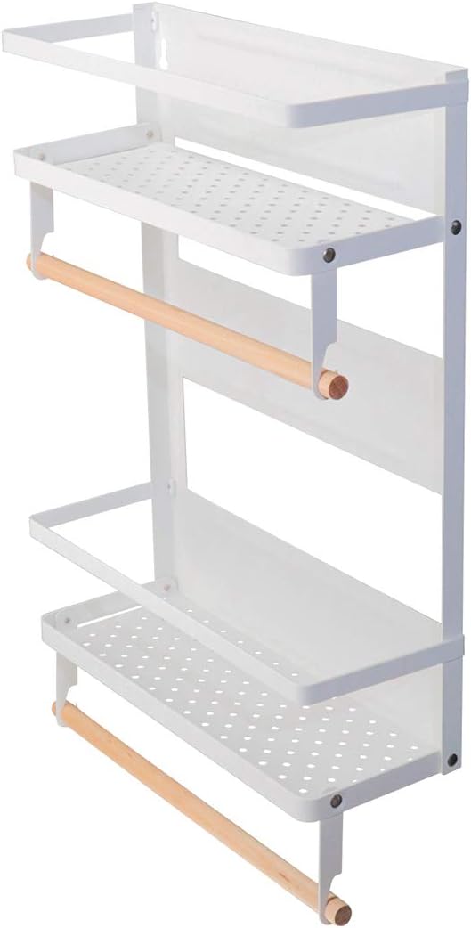 KOOTANS Magnetic Fridge Spice Rack, Paper Towel Holder, Rustproof Kitchen Refrigerator Storage Organizer Shelf Big Double Layers, with 4 Mobile Hooks (White)