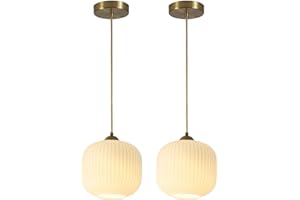 Flyrose Mid Century Modern Pendant Light Antique Gold Pendant Light Set of Two Milk Glass Pendant Lighting Fixture White Ribbed Glass Pendant Light 2 Pack Antique Brass Pendant Lighting