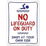 Sigo Signs No Lifeguard On Duty Swim at Your Own Risk Sign, Pool Sign, 10x14 Heavy 0.40 Aluminum Weather/Fade Resistant, Easy Mounting, Indoor/Outdoor Use, Made in USA