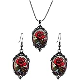 Gothic Rose Glass jewelry Set for Women Vintage Rose Earrings Necklace Set Dark Punk Style Earrings Necklace Red Purple Roses Earring Necklaces Halloween Mystic Witch Jewelry Gift Accessories