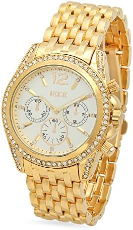 Gold Plated IEKE CZ Bezel White Dial Watch w/Trapezoidal Band + Microfiber Jewelry Polishing Cloth