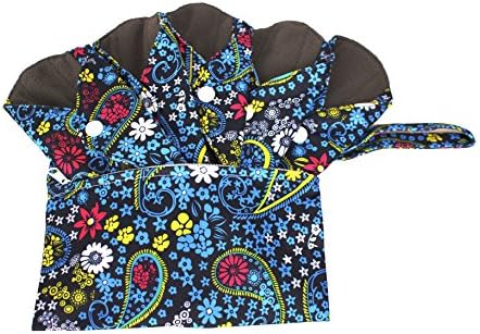 Reusable Cloth Menstrual Pads (5 Packs + Bag) with Carbon Absorbent Layer, Washable Sanitary Napkin, Overnight Panties (Flower Print) (General Traffic)