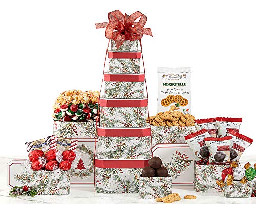 Deck the Halls Six Tier Festive Celebration Gift Tower With Chocolate, Snacks Cookies Candy and Nuts