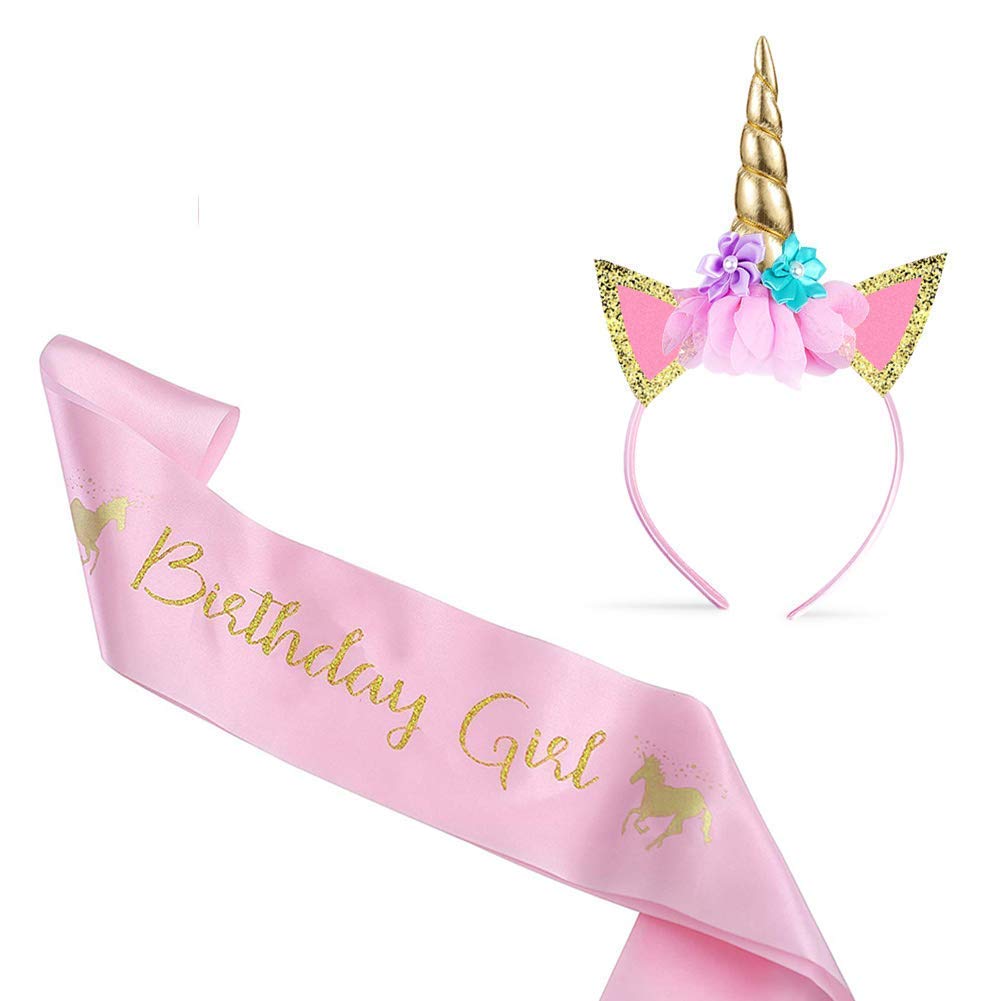 Deolven Unicorn Headband and Birthday Girl Sash for Kids Birthday Party Supplies Unicorn Gifts for Children Unicorn Horn Unicorn Glitter Hairband Gold Pink