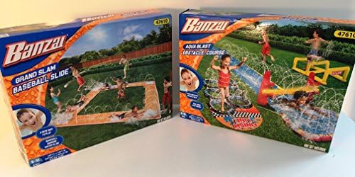Banzai Summer fun Bundle- Aqua Blast Obstacle Course and Grand Slam Baseball Water Slide