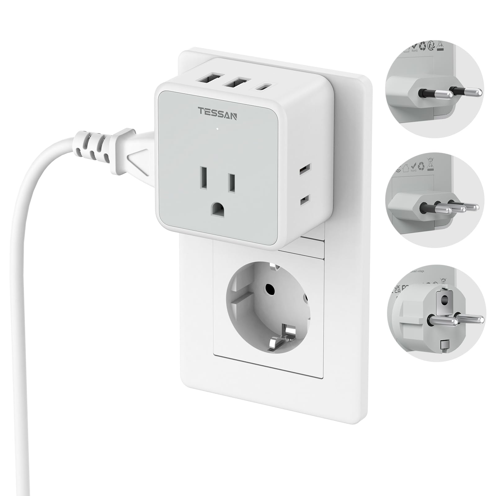 Photo 1 of TESSAN All European Italy Travel Plug Adapter Kit, International Detachable with 3 Outlet 3 USB Charger (1 USB C), Type C/E/F/L EU Power Adaptor, US to France Germany Spain Greece Iceland