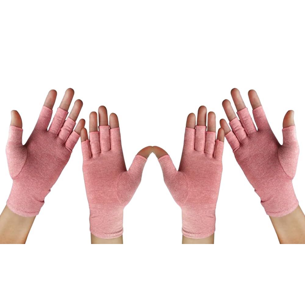 2Pairs Arthritis Compression Gloves for Men & Women | Wrist Support Open Finger Gloves | Hand Therapy Carpal Tunnel Gloves, Breathable Moisture Wicking Fabric, Relieve Arthritis Pain | Pink (M)