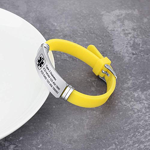 Lam Hub Fong Free Engraving 9 Inches Silicone Adjustable Medical Bracelets Sport Emergency ID Bracelets for Men Women Kids Waterproof Stainless Steel Rubber Alert Bracelets (Yellow)