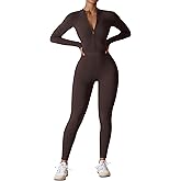 YEOREO Women Long Sleeve Workout Jumpsuit Zip Up Romper Bottom Pants Bodysuit Bodycon Sexy One Piece