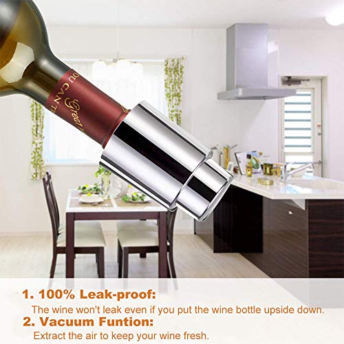 Vacuum Wine Stoppers, Stainless Steel Wine Saver w/Corkscrew, Reusable Wine Bottle Preserver, Durable Wine Bottle Stoppers Sealer Great for Wine Lovers Drinkers (Silver, 2PCS)