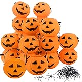 EOOUT 24Pack Mini Pumpkin Buckets and 30Pcs Plastic Spiders - Halloween Trick or Treat Bags for Halloween Home Décor