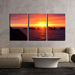 3 Piece Canvas Wall Art - Fiery Sunset Over Sea - Modern Home Art Stretched and Framed Ready to Hang - 16"x24"x3 Panels