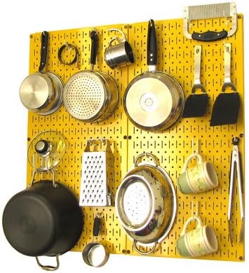 Wall Control Kitchen Pegboard Organizer Pots and Pans Pegboard Pack Storage and Organization Kit with Yellow Pegboard and White Accessories
