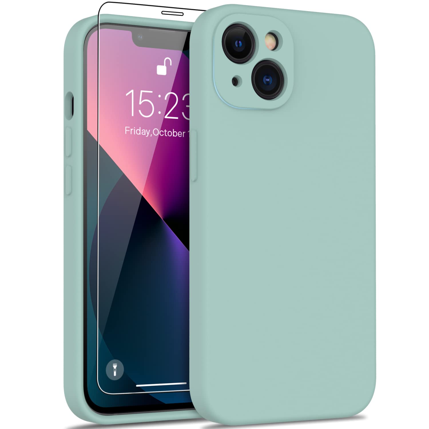 DEENAKIN Compatible with iPhone 13 Silicone Case - Enhanced Camera Protection and Screen Protector - Smooth Baby Skin-Like Feel - Slim Fit Phone Cover 6.1" for Women Girls - Mint Green