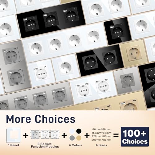 BSEED Schuko Double Socket with Glass Plate, Gold, 16 A, 250 V, Extension Sockets for Kitchen, Bedroom, Office, Hotel, etc.
