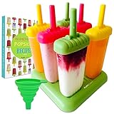 FUMCare Popsicle Molds Set of 6 Bpa-Free Reusable Large Ice Pop Maker With a Tray, Silicone Funnel, Cleaning Brush and a Homemade Ice Cream Mold Recipe E-Book