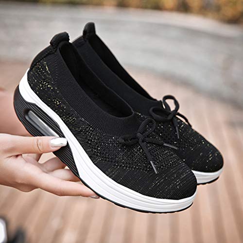 Emimarol Womens Walking Tennis Shoes Slip On Light Weight Mesh Platform Air Sneakers Black