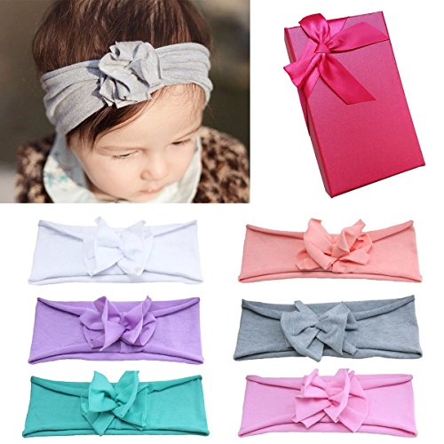 Elesa Miracle Hair Accessories Sweet Baby Girl s Gift Box with Chiffon Lace Hair Bow Flower Headband (6pc Pure Color Headband)