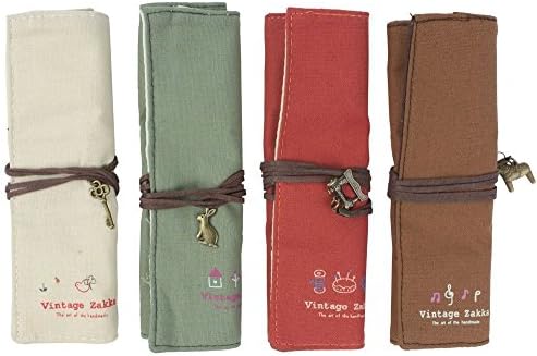 YYMIAO New Cute 4pcs Different Colors of Pastorable Roll up Canvas Pen Bag Pencil Case Bag Cosmetic Makeup Bag Pouch Pocket for Girls Boys Students Women Lady