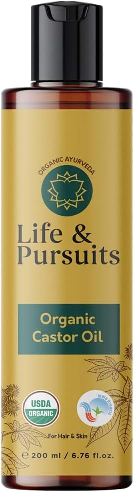 Life & Pursuits Organic Castor Oil (6.8 Fl Oz), 100% Pure, Cold-pressed, Hexane Free, Pale Yellow, 200 ml (Pack of 1)