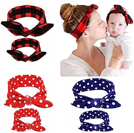 6PCS Baby and Mother Headband Set Hair Bows Turban Head Wrap Knotted Hair Band (Dot Grid)