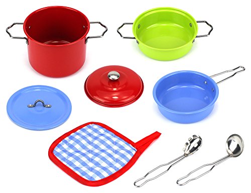 Little Chef Colorful 8 Pcs. Metal Children's Kid's Toy Kitchenware Playset w/ 2 Pots, Pan, 2 Lids, Utensils, Oven Mitt