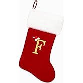 Tokforty 20 Inches Red Velvet with White Super Soft Plush Cuff Monogram Christmas Stockings, Xmas Personalized Embroidered Letter Stockings for Family Holiday Decorations and Xmas Tree Fireplace（F）