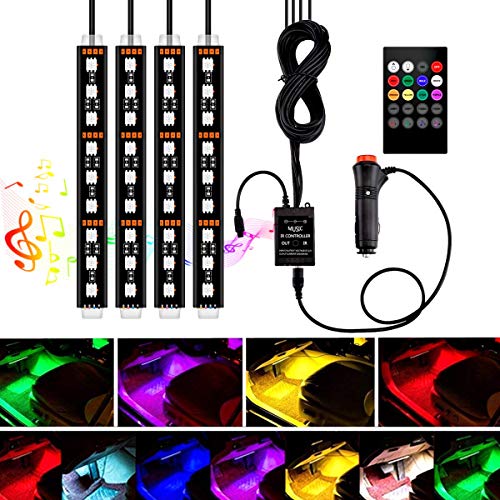 Interior Car Lights, YANF Car LED Strip Lights 4pcs 36 LED Under Dash Lighting Kit Multicolor Music Car Strip Light with Sound Sensor and Wireless Remote Control, DC 12V