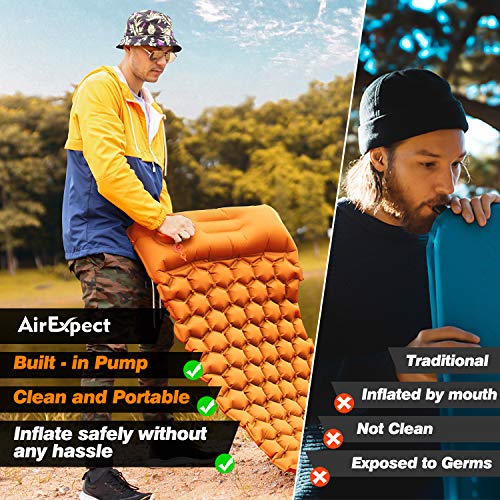 AirExpect Camping Sleeping Pad with Built-in Pump Upgraded Inflatable Camping Mat with Pillow for Backpacking, Traveling, Hiking, Durable Waterproof Air Mattress Compact Ultralight Hiking Pad