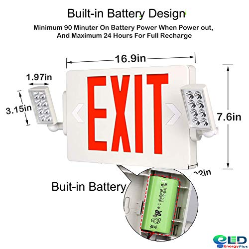 Ultra Slim Red Exit Sign, 120-277V Double Face LED Combo Emergency Light with Adjustable Two Head and Backup Battery Commercial Grade, Fire Resistant UL Certified, 5 Years Warranty- 2 Pack